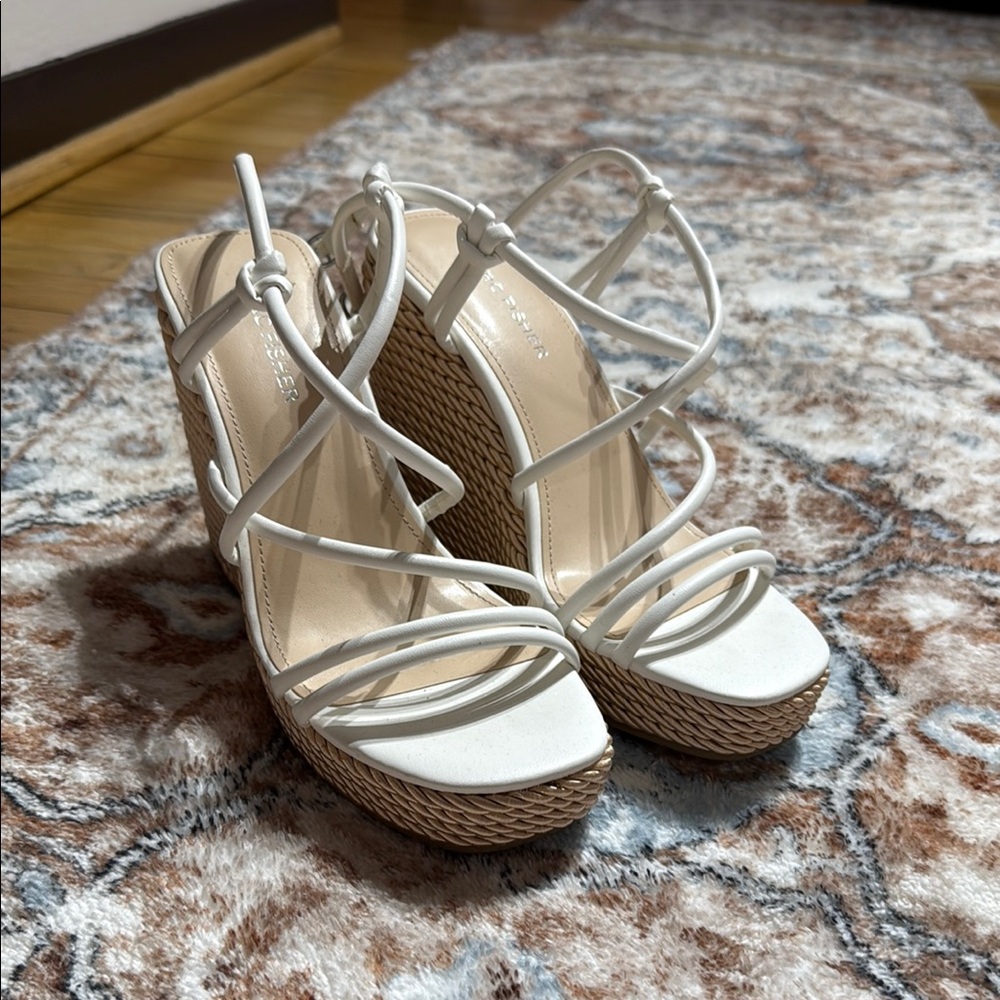 Marc Fisher White and Tan Strappy Sandals